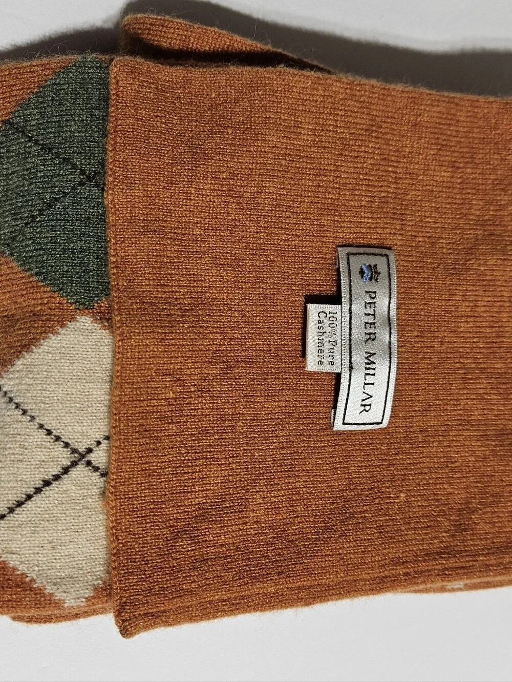 Peter Millar Argyle Pattern Orange, Green & Cream Scarf - Classic Cashmere 100%